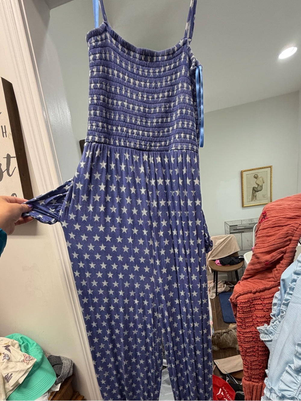 Posh Peanut Blue Star-Print Smocked Jumpsuit